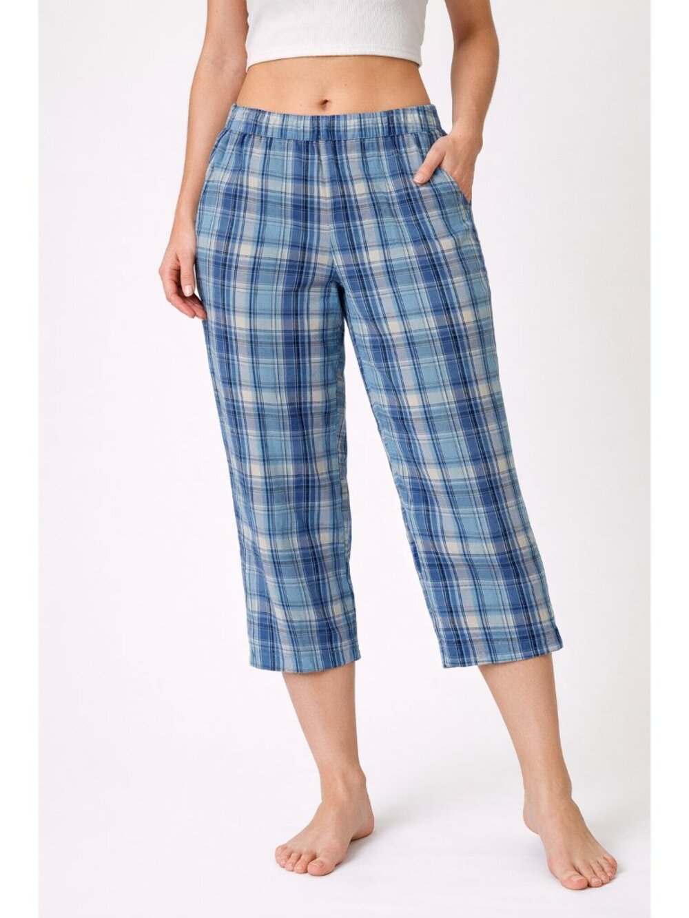 Golf Cotton Crop Pants Womens Size 12 Stretch Blue Plaid Cherokee Summer Pool